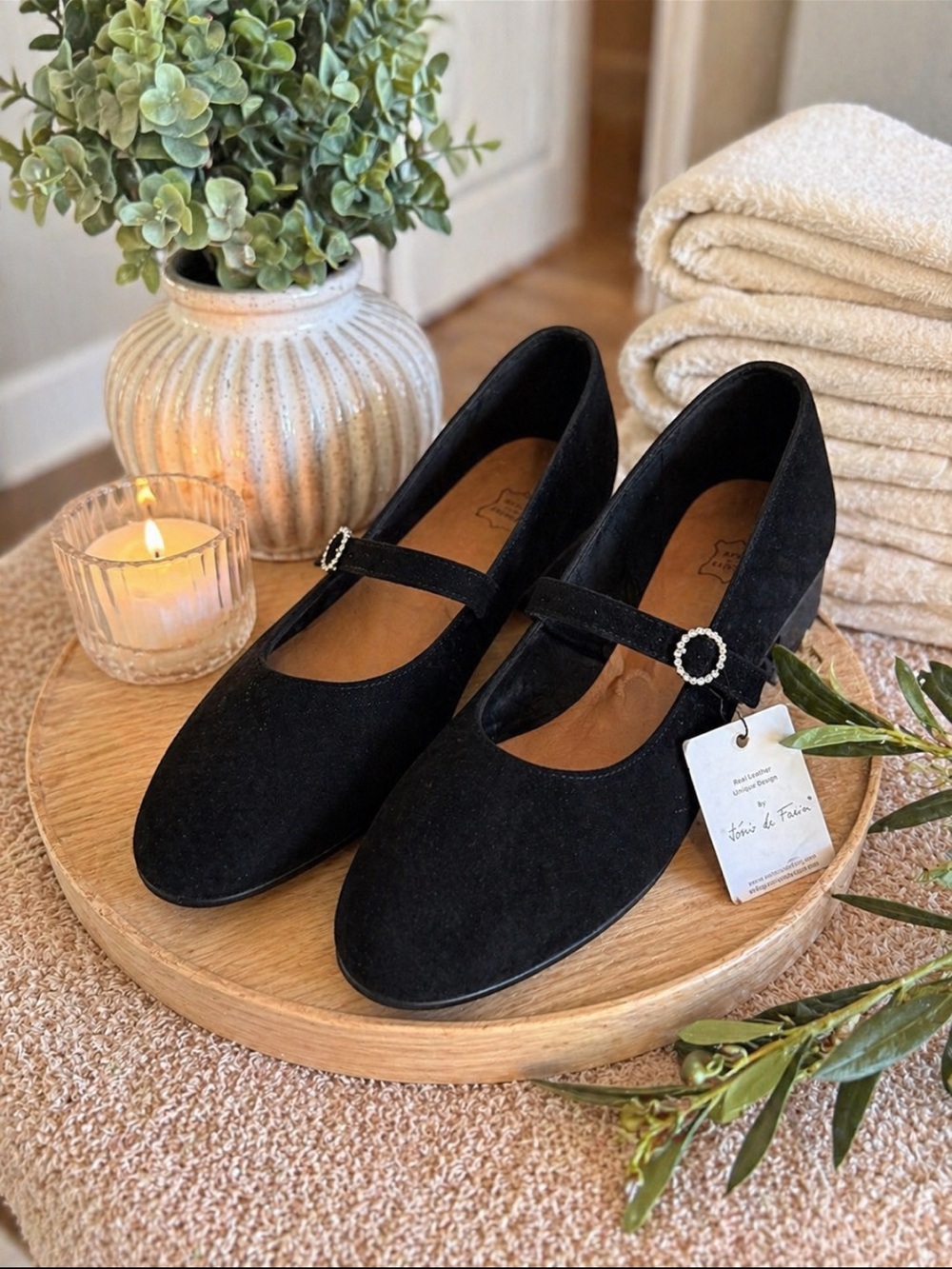 Black Suede Mary Jane Flats with Buckle